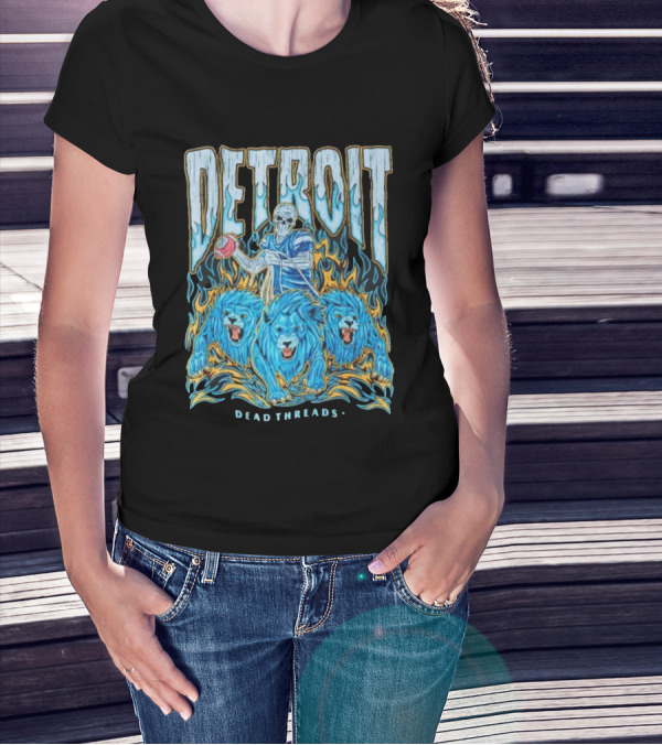 Detroit Dead Threads Football Skeleton And Blue Lions T-Shirt