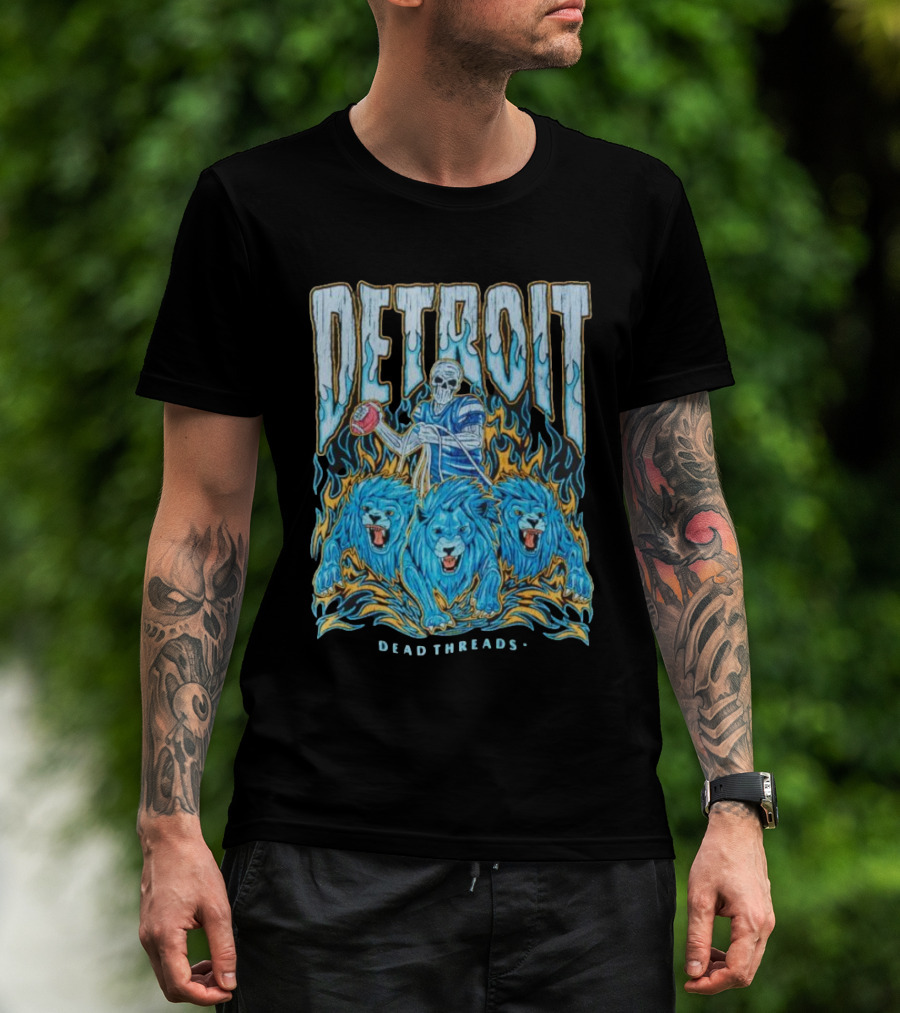 Detroit Dead Threads Football Skeleton And Blue Lions T-Shirt