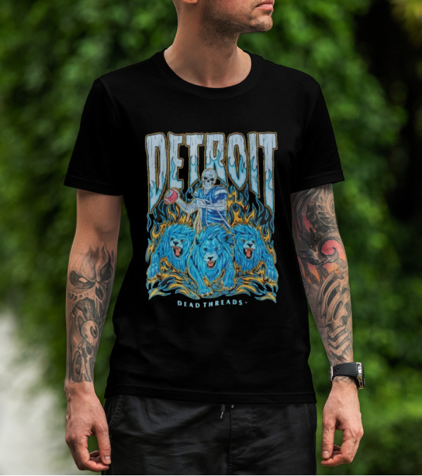 Detroit Dead Threads Football Skeleton And Blue Lions T-Shirt