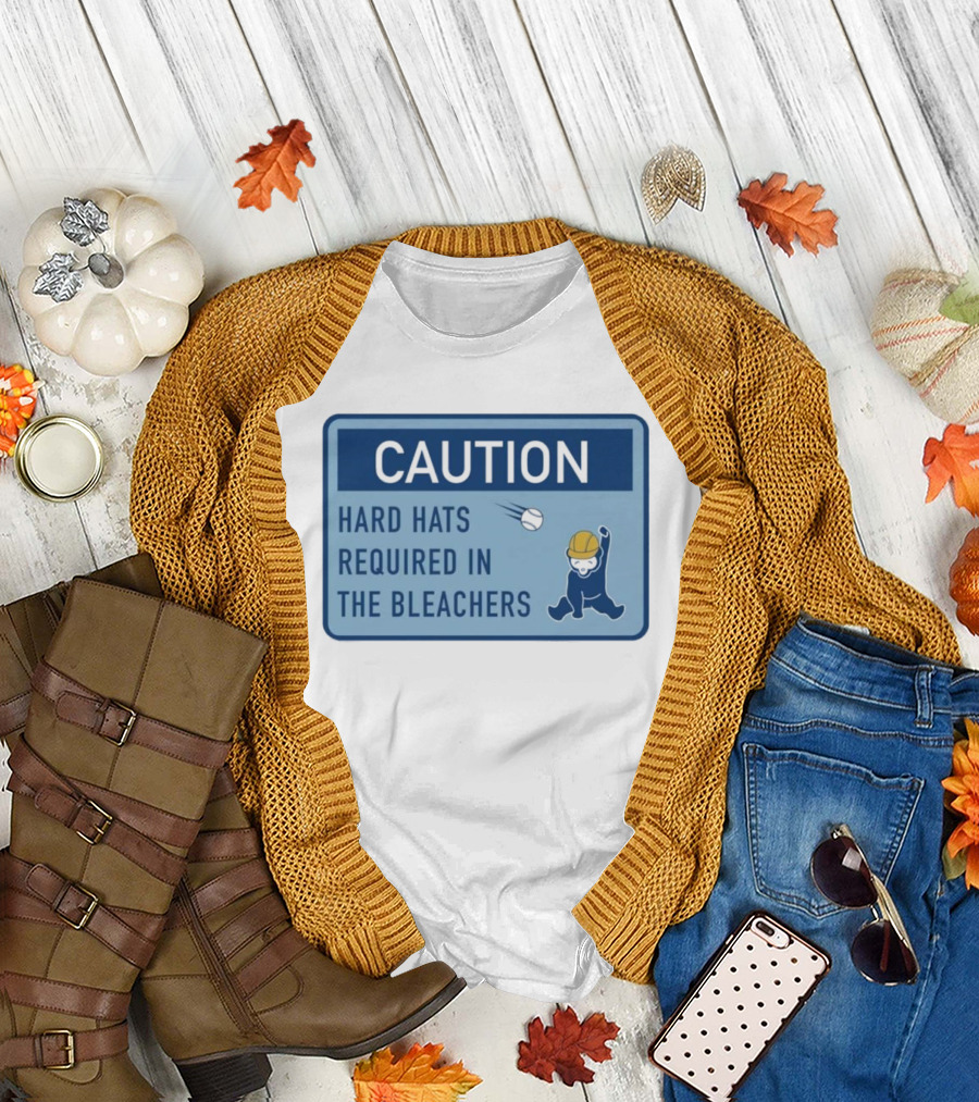 Caution: Hard Hats Required in the Bleachers with Cartoon Worker and Falling Object T-Shirt