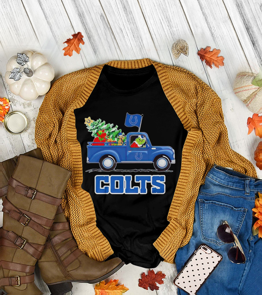 Grinch Driving Christmas Truck with Indianapolis Colts Logo and Tree T-Shirt