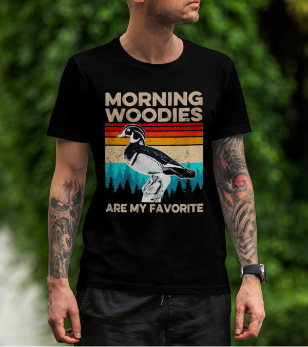 Morning Woodies Are My Favorite Vintage Duck Silhouette Retro Stripes Forest Pines T-Shirt
