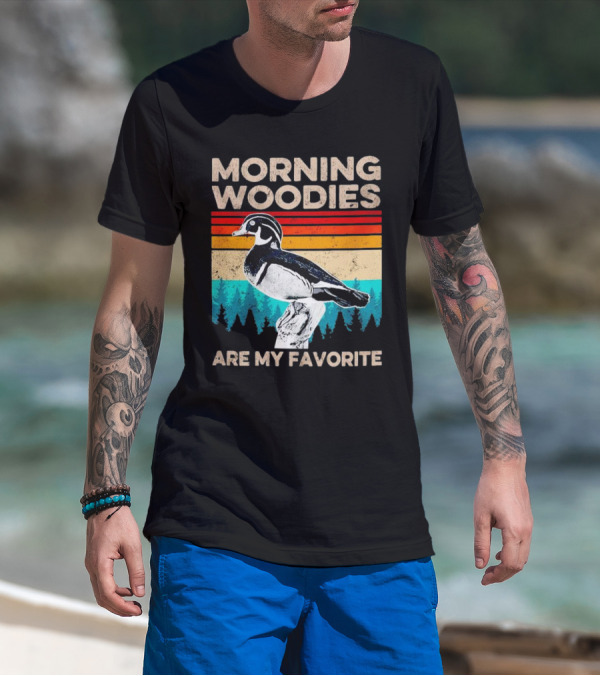 Morning Woodies Are My Favorite Vintage Duck Silhouette Retro Stripes Forest Pines T-Shirt
