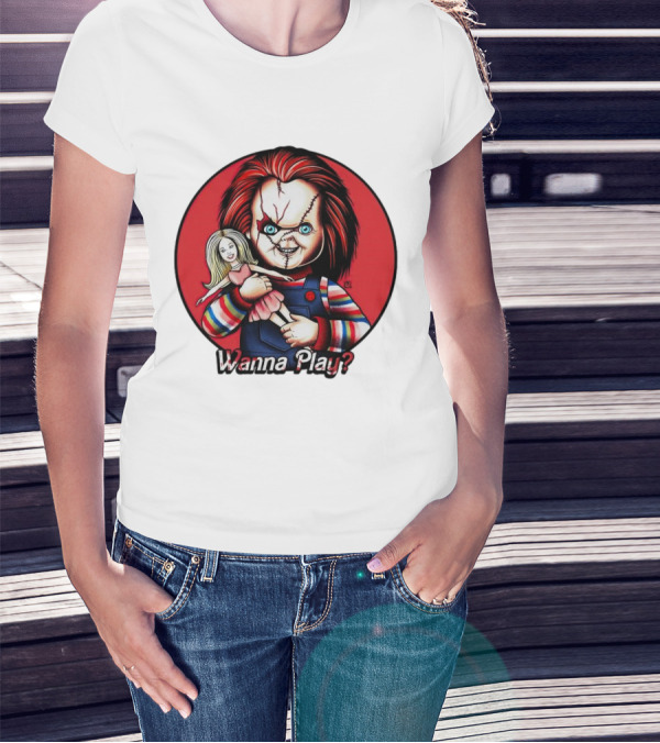 Chucky Holding Doll With Wanna Play? Text In Red Circle T-Shirt