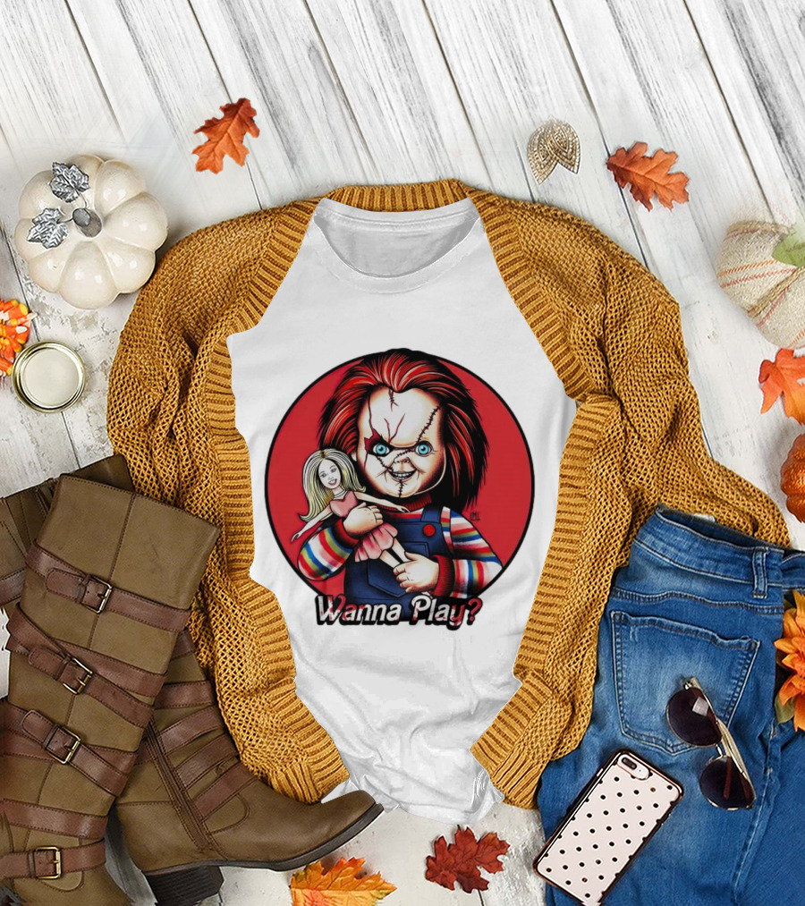 Chucky Holding Doll with Wanna Play? Text in Red Circle T-Shirt