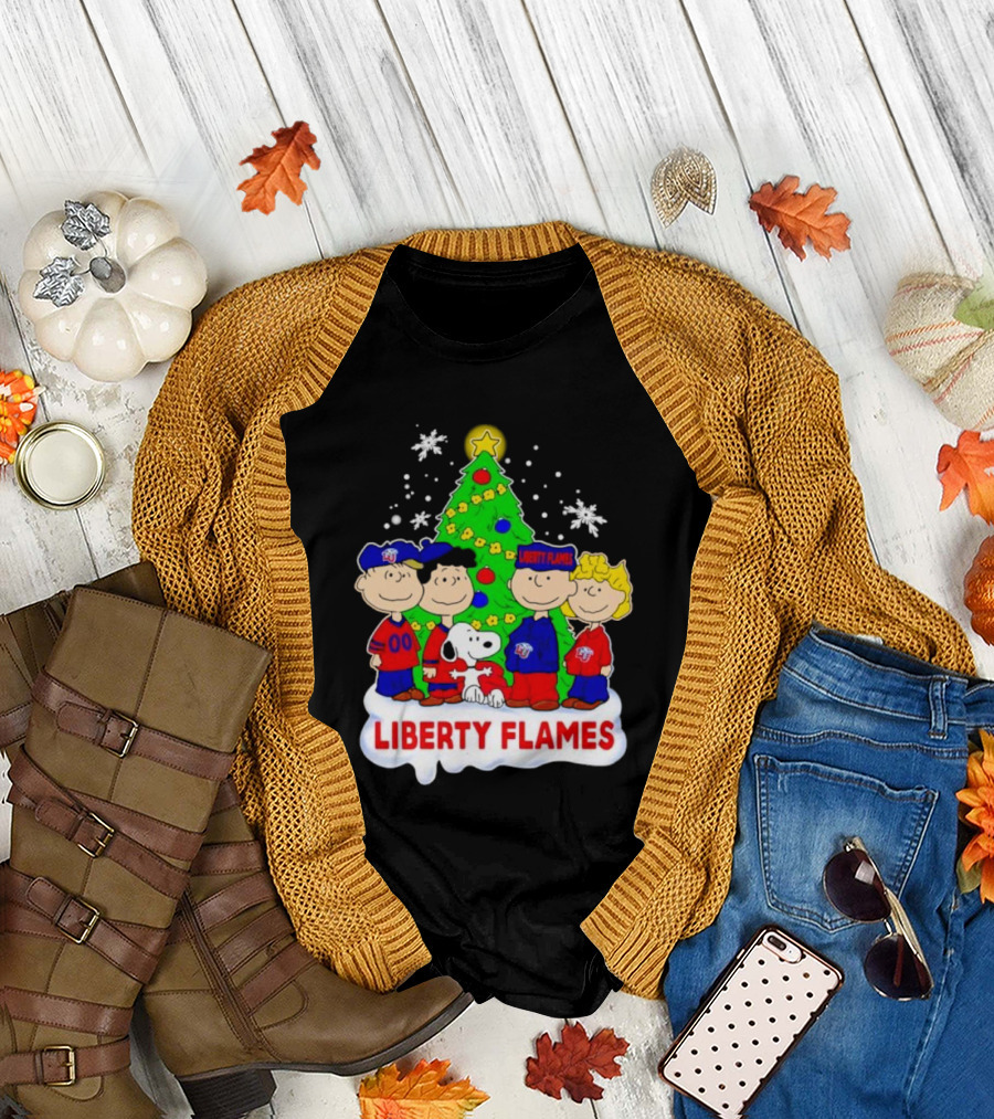 Liberty Flames Peanuts Characters Christmas Tree Snoopy Charlie Brown T-Shirt
