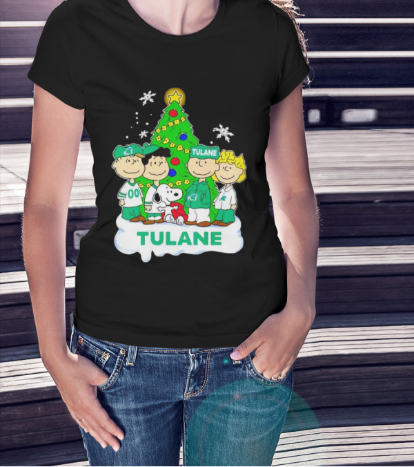 Peanuts Characters Tulane Green Wave Christmas Tree Snoopy Snowflakes T-Shirt