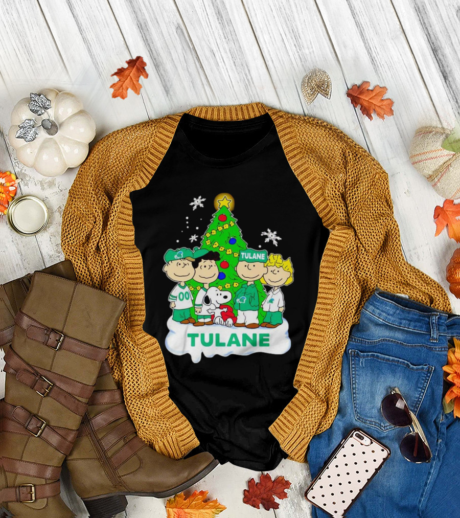 Peanuts Characters Tulane Green Wave Christmas Tree Snoopy Snowflakes T-Shirt