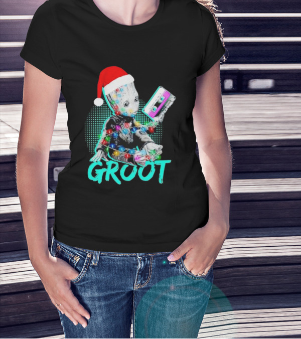 Santa Baby Groot With Cassette Tape And Holiday Lights T-Shirt