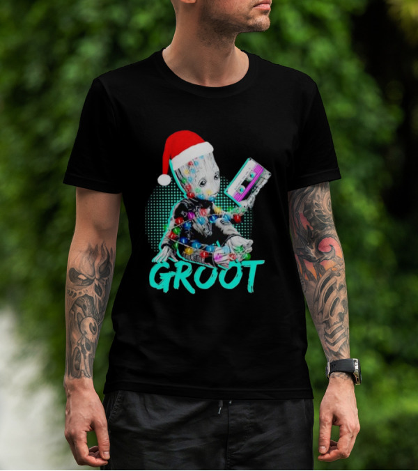 Santa Baby Groot With Cassette Tape And Holiday Lights T-Shirt