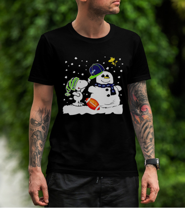 Seattle Seahawks Snoopy Snowman Hat Winter Football Scene T-Shirt