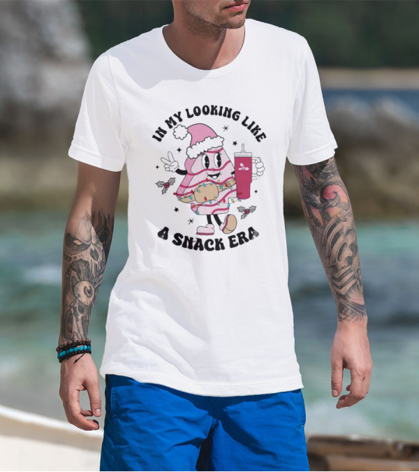 In My Looking Like A Snack Era Christmas Tree Cake Festive Icon With Holiday Drum And Drink Cup T-Shirt