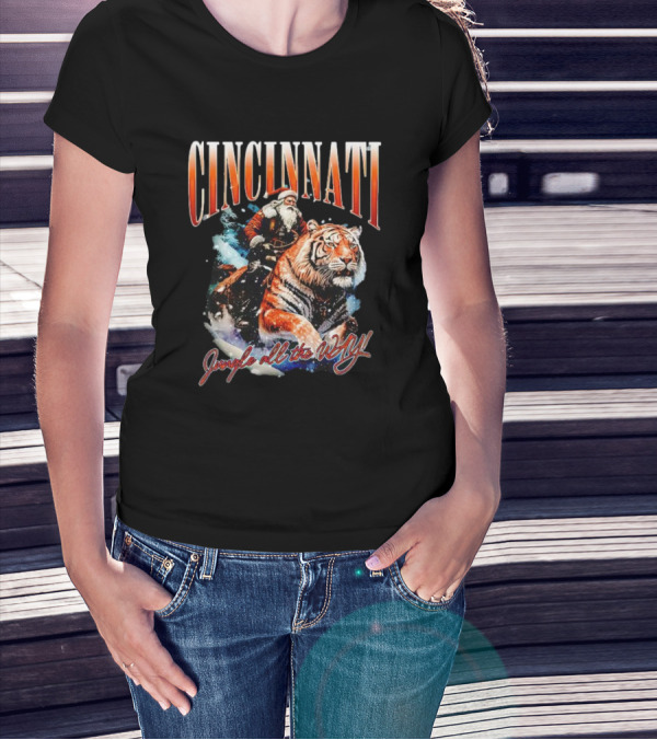 Cincinnati Santa Riding Tiger Jungle All The Way Christmas T-Shirt