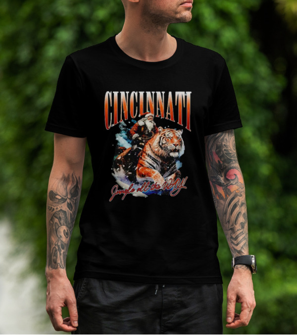 Cincinnati Santa Riding Tiger Jungle All The Way Christmas T-Shirt