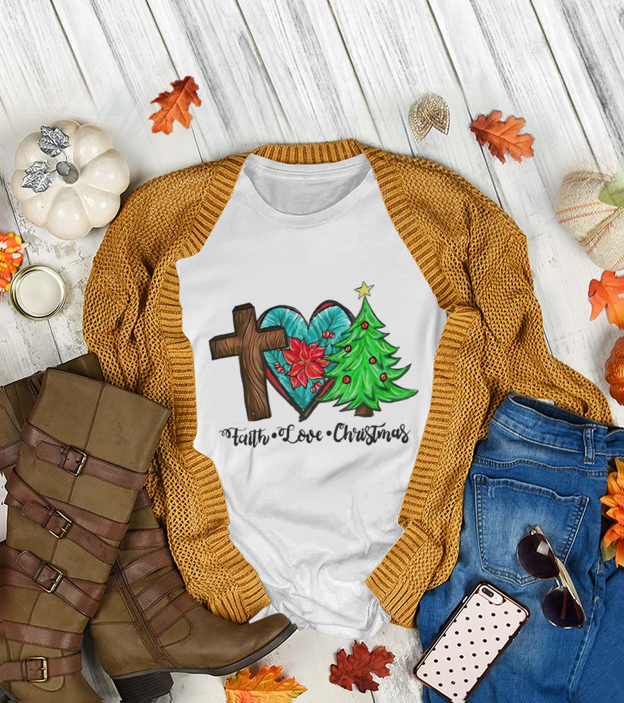 Faith Love Christmas Cross Poinsettia Tree T-Shirt