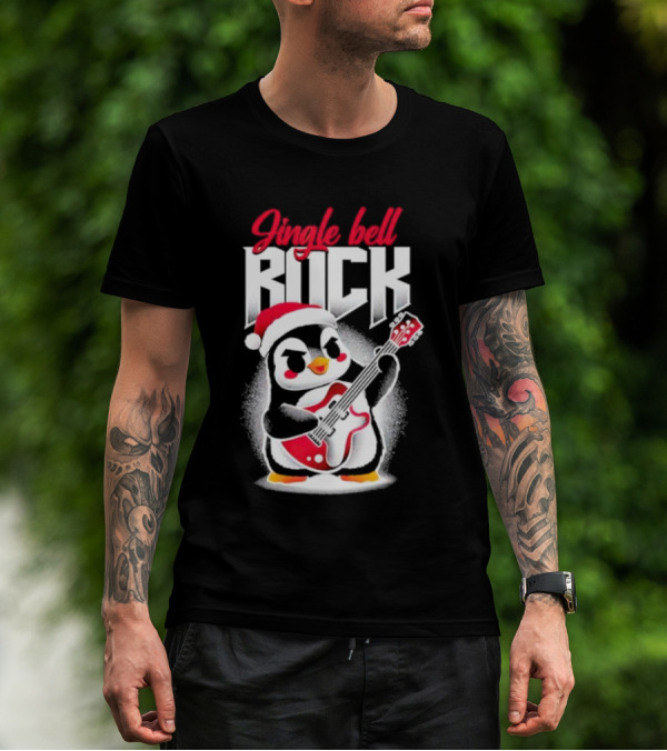 Jingle Bell Rock Penguin Playing Christmas Guitar In Santa Hat T-Shirt