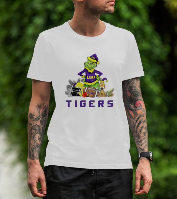 LSU Tigers Grinch And Max Dog Christmas Football T-Shirt