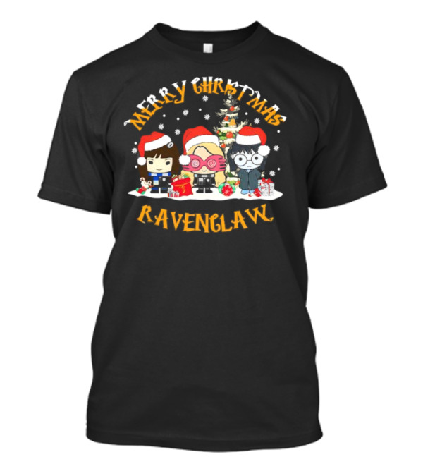 Merry Christmas Ravenclaw Characters With Santa Hats And Christmas Tree T-Shirt