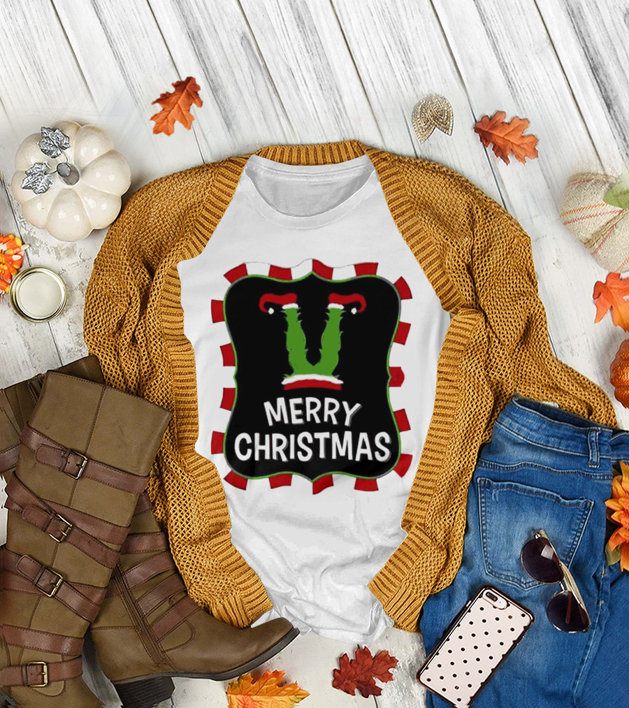 Merry Christmas Green Monster with Santa Hat T-Shirt