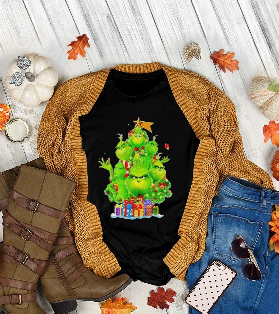 Grinch Christmas Tree with Presents and Star T-Shirt