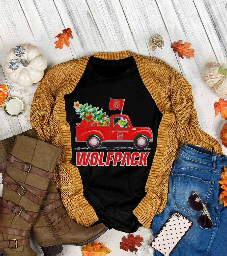 Grinch Driving NC State Wolfpack Christmas Truck with Tree and Flag T-Shirt