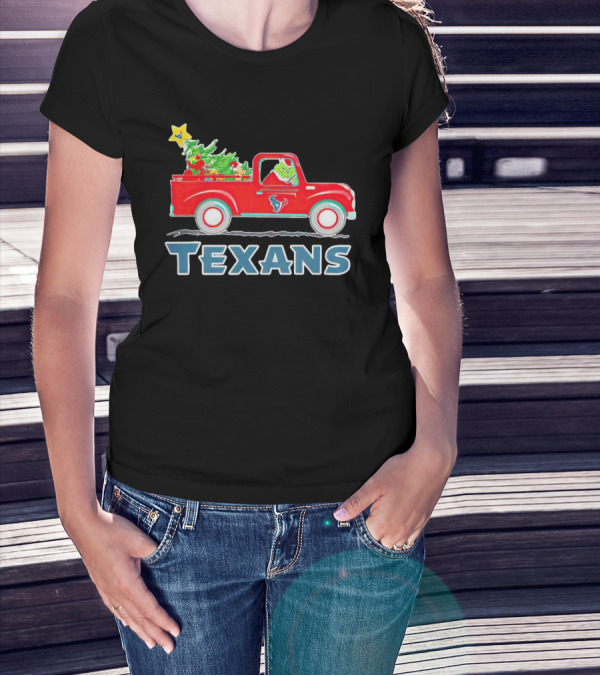 Grinch Driving Red Christmas Truck With Houston Texans T-Shirt