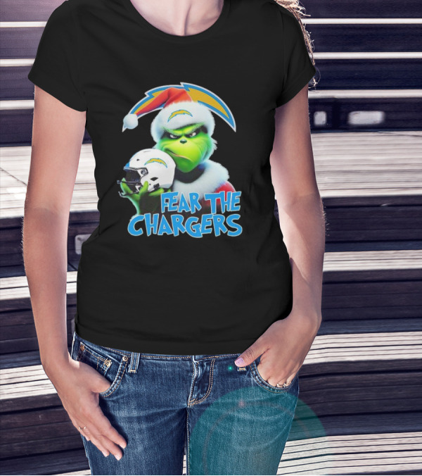 Grinch Santa Holding Los Angeles Chargers Helmet Fear The Chargers T-Shirt