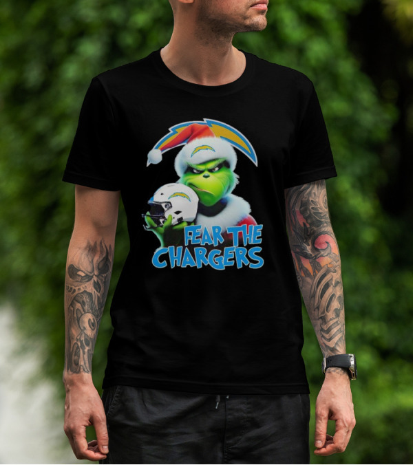 Grinch Santa Holding Los Angeles Chargers Helmet Fear The Chargers T-Shirt