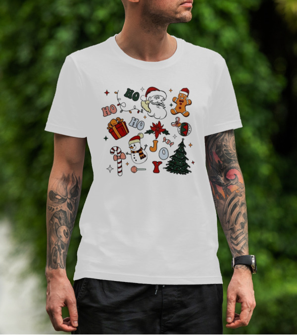 Ho Ho Ho Joy Christmas With Santa Gingerbread And Candy Cane T-Shirt