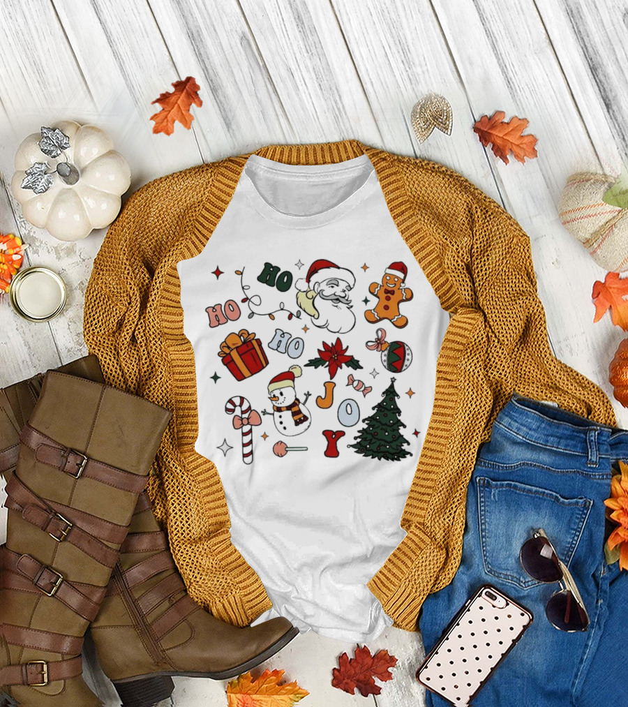 Ho Ho Ho Joy Christmas with Santa Gingerbread and Candy Cane T-Shirt
