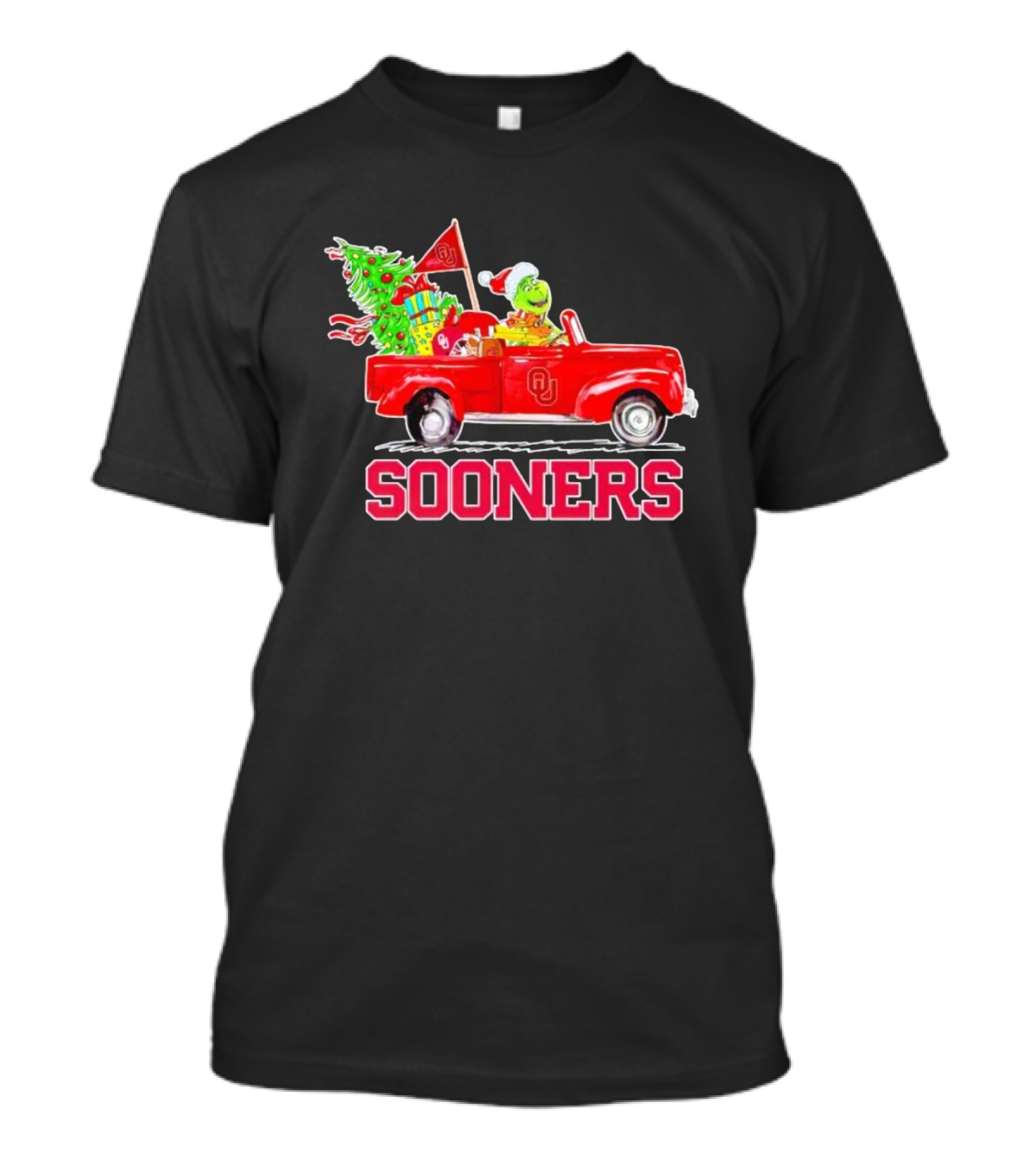 Sooners Grinch Driving Red Truck With Christmas Tree And Gifts T-Shirt