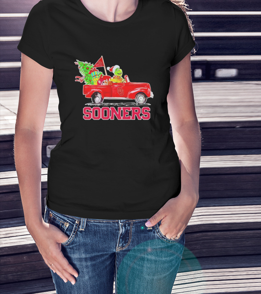 Sooners Grinch Driving Red Truck With Christmas Tree And Gifts T-Shirt