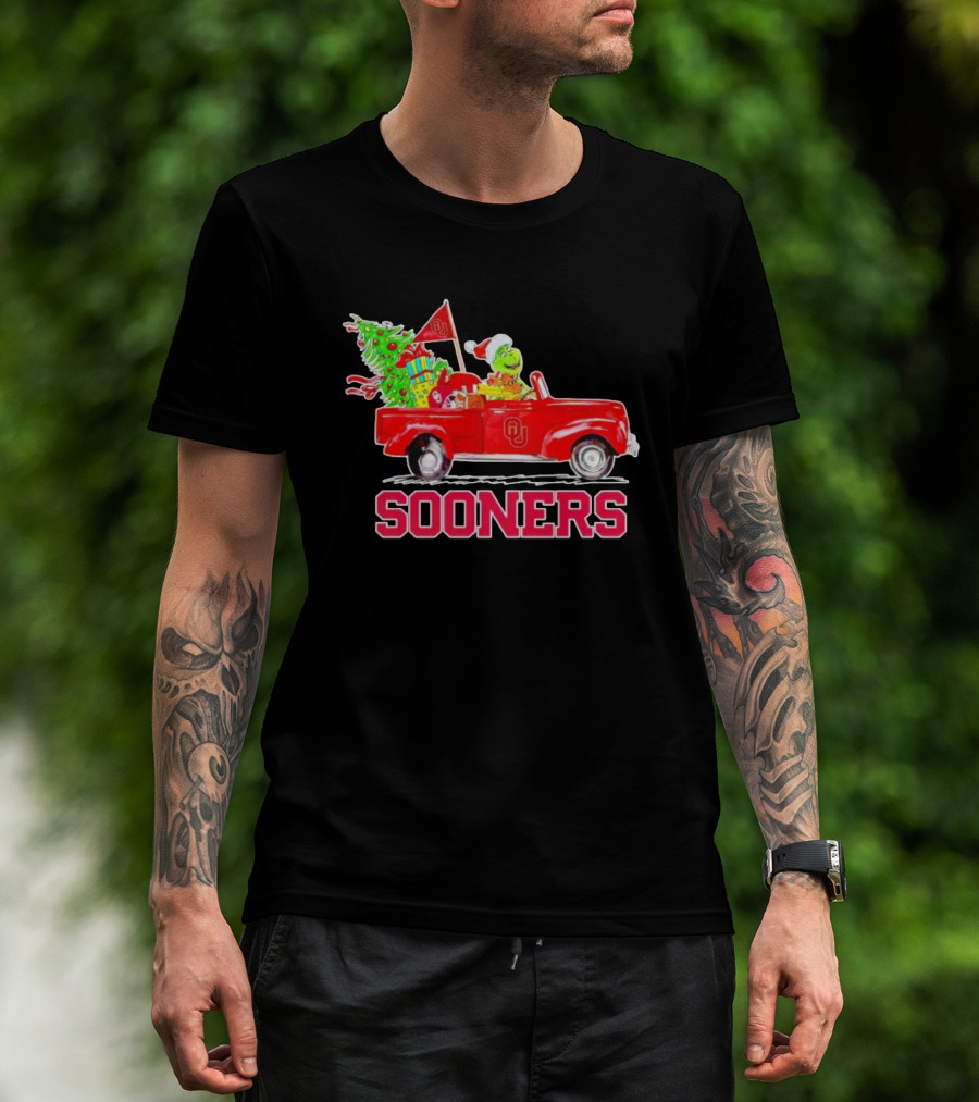 Sooners Grinch Driving Red Truck With Christmas Tree And Gifts T-Shirt