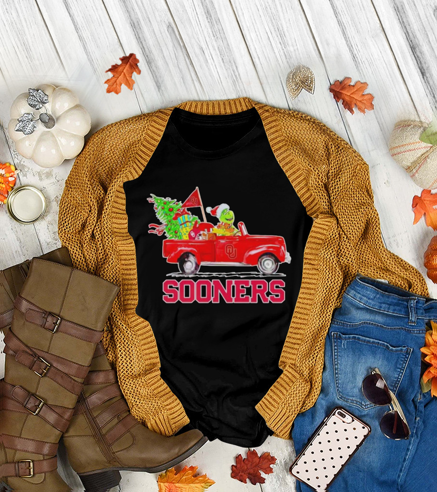 Sooners Grinch Driving Red Truck with Christmas Tree and Gifts T-Shirt