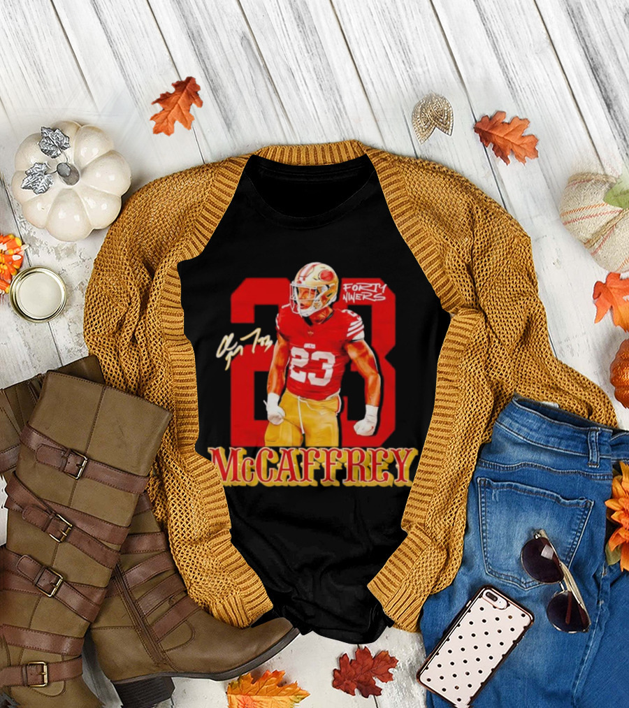 Christian McCaffrey 23 Forty Niners Red and Gold NFL Football Player T-Shirt