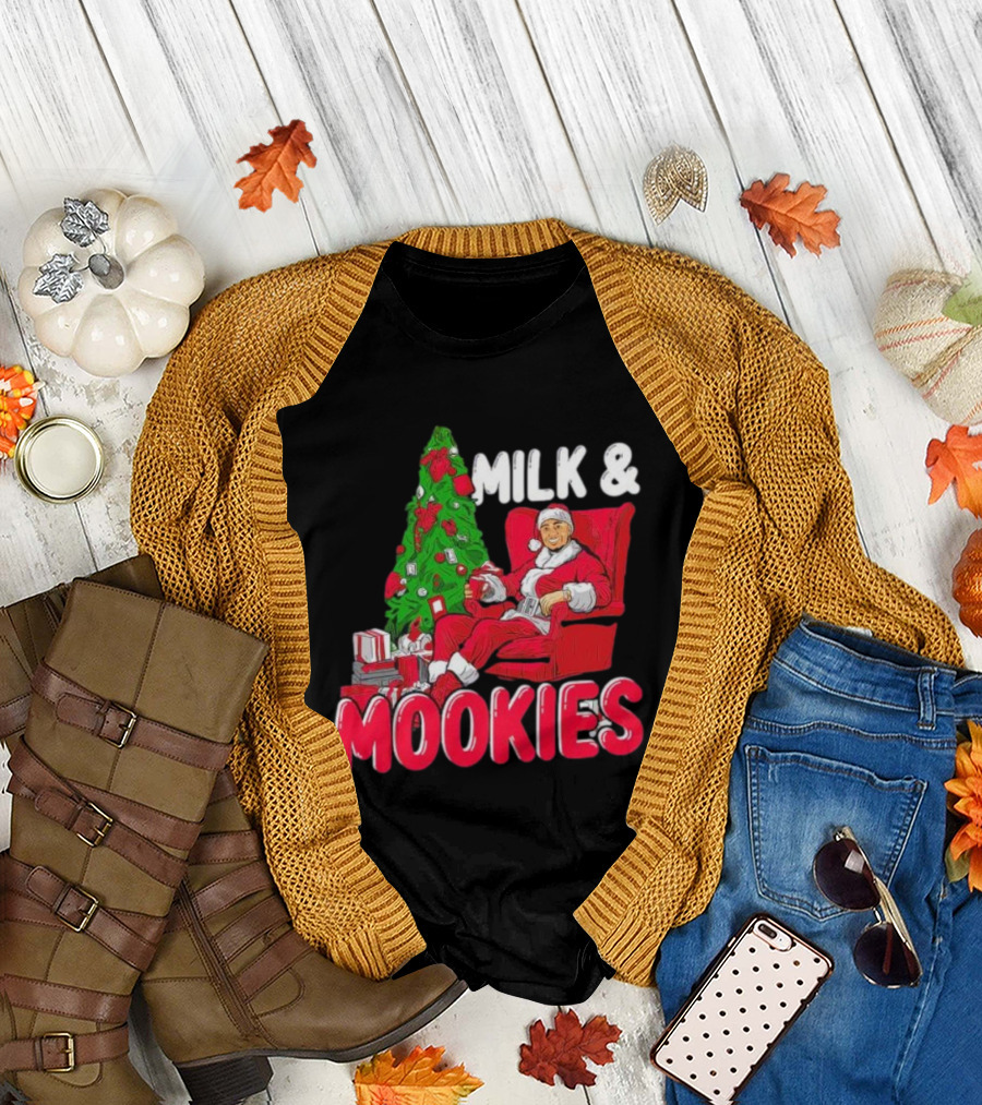 Christmas Milk and Mookies Santa by Tree T-Shirt
