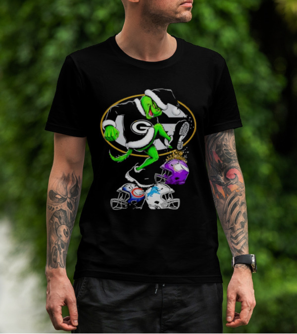 Green Bay Packers Grinch Santa Stepping On NFL Helmets Funny Christmas T-Shirt