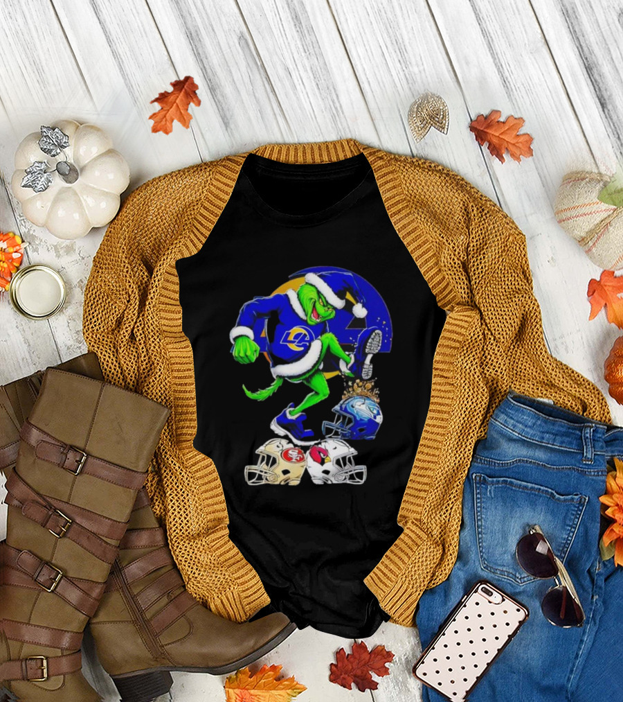 Los Angeles Rams Grinch Stomping NFL Helmets Christmas Funny Santa T-Shirt