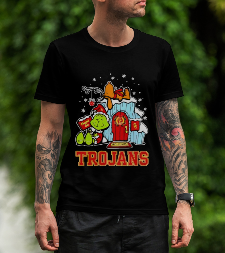 Peanuts USC Trojans Grinch Snoopy Christmas Fight On Welcome T-Shirt