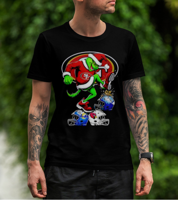 San Francisco 49ers Grinch In Santa Suit Stomps NFL Helmets Rams Cardinals Christmas T-Shirt