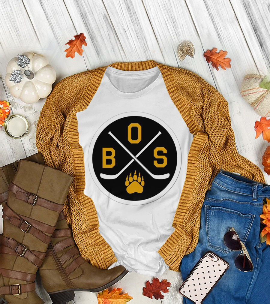 Boston Bruins Emblem BOS Hockey Sticks Paw Prints T-Shirt