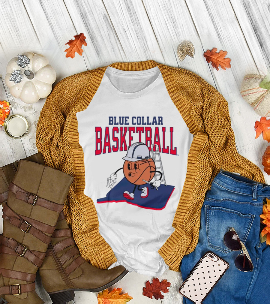 Blue Collar Basketball Hard Hat Hoop Cartoon T-Shirt