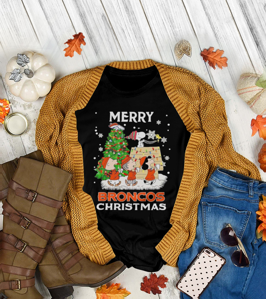 Merry Broncos Christmas Peanuts Characters T-Shirt