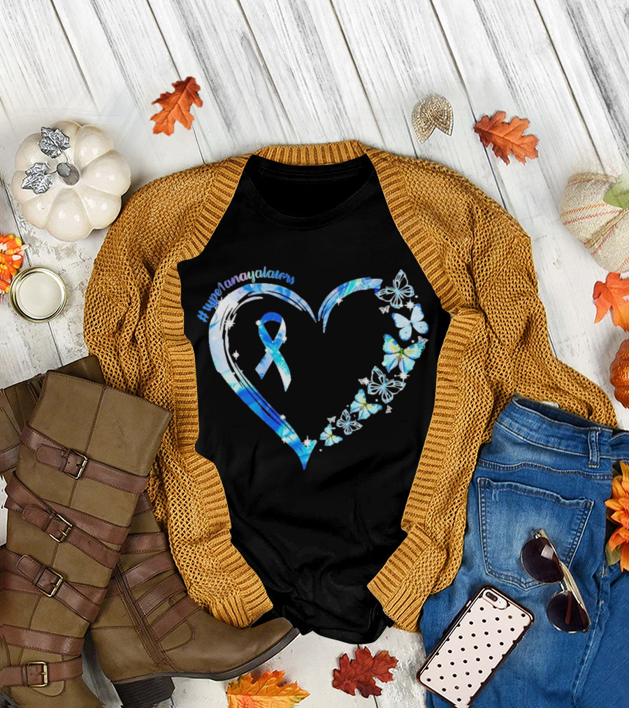 Type1Namayalars Diabetes Awareness Heart with Blue Ribbon and Butterflies T-Shirt