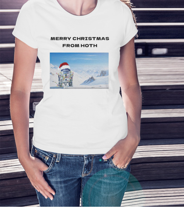 R2-D2 Merry Christmas From Hoth Santa Hat Lights Snowy Scene T-Shirt