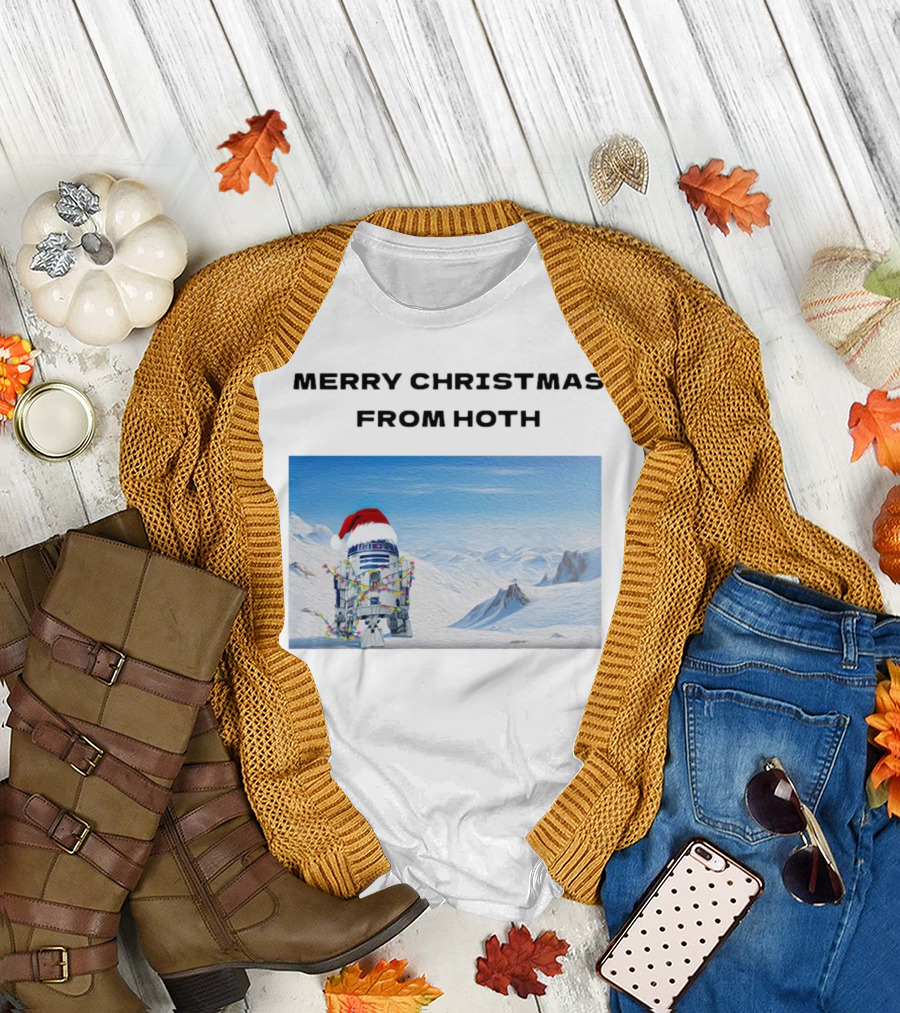 R2-D2 Merry Christmas from Hoth Santa Hat Lights Snowy Scene T-Shirt