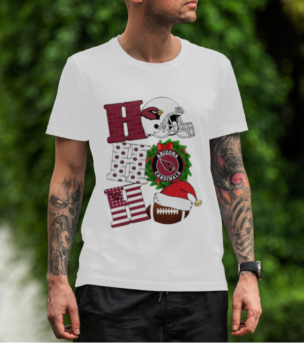 Arizona Cardinals Helmet Wreath Football Ho Ho Ho Merry Christmas T-Shirt