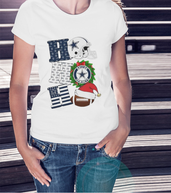 Dallas Cowboys Helmet Wreath Football Christmas Ho Ho Ho Merry Christmas T-Shirt