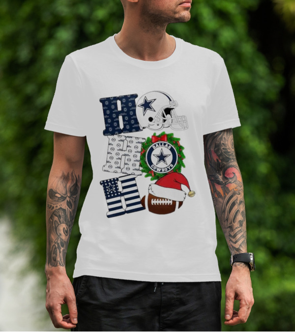 Dallas Cowboys Helmet Wreath Football Christmas Ho Ho Ho Merry Christmas T-Shirt
