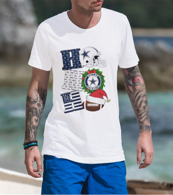 Dallas Cowboys Helmet Wreath Football Christmas Ho Ho Ho Merry Christmas T-Shirt
